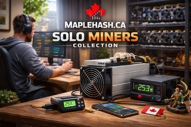 MapleHash solo Bitcoin miners collection showing home mining setup with ASIC miner, power monitoring tools and Canadian home miner workspace.