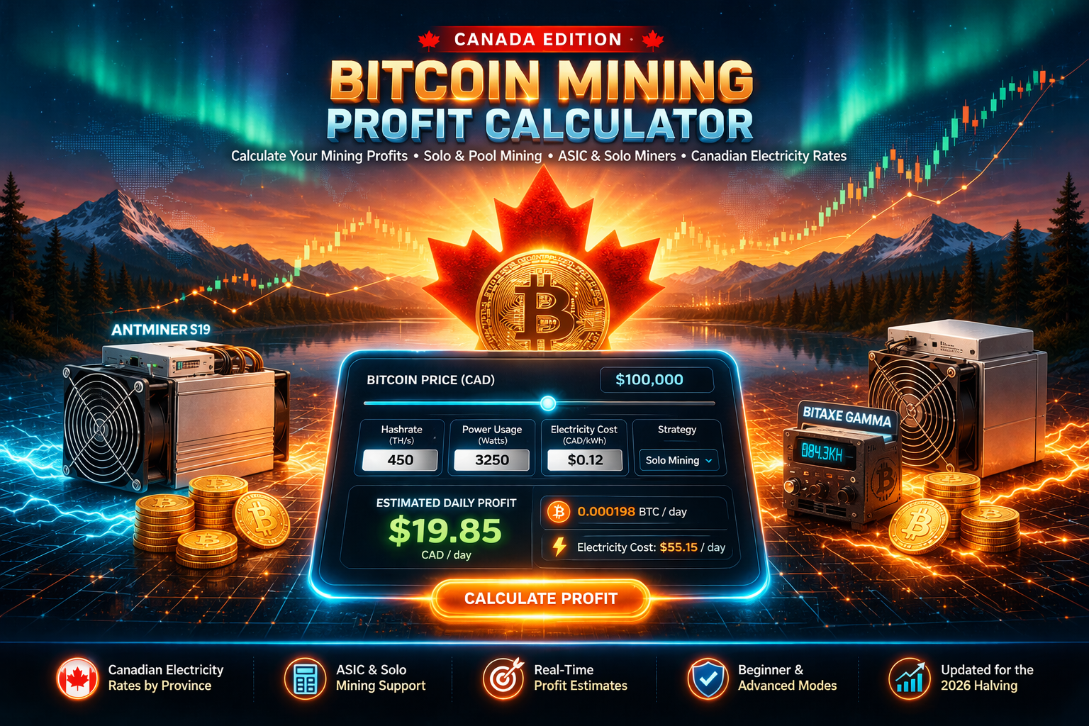 Bitcoin mining profit calculator for Canada – estimate home mining earnings with MapleHash