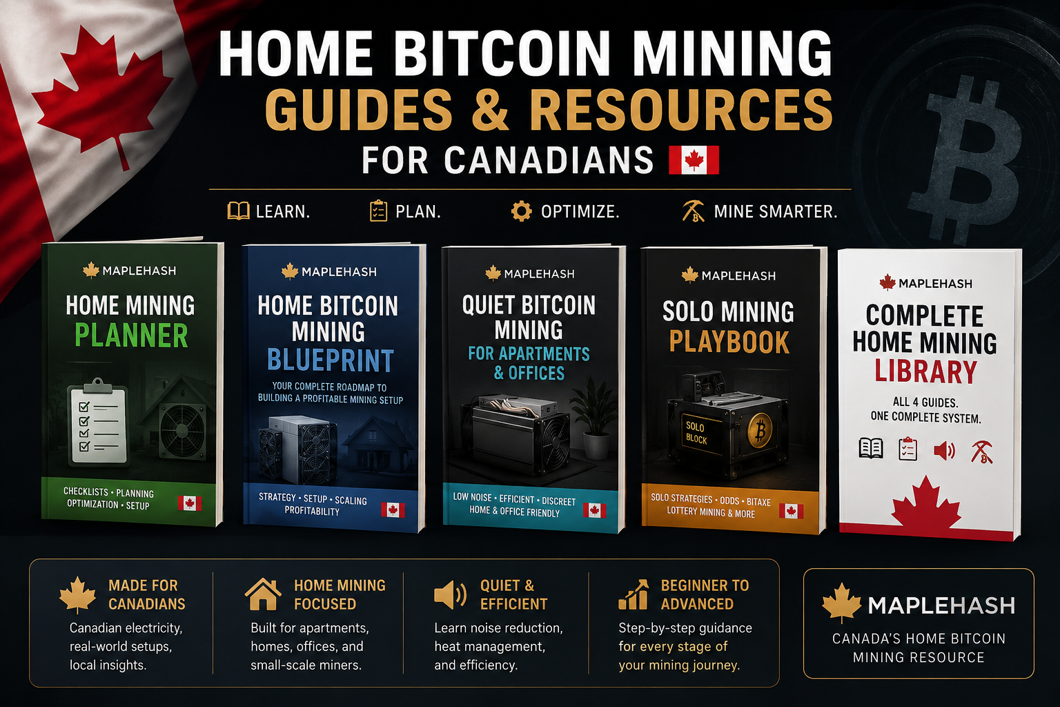 Home Bitcoin Mining Guides for Canadians by MapleHash featuring Home Mining Planner, Home Bitcoin Mining Blueprint, Quiet Bitcoin Mining for Apartments and Offices, Solo Mining Playbook, and Complete Home Mining Library.
