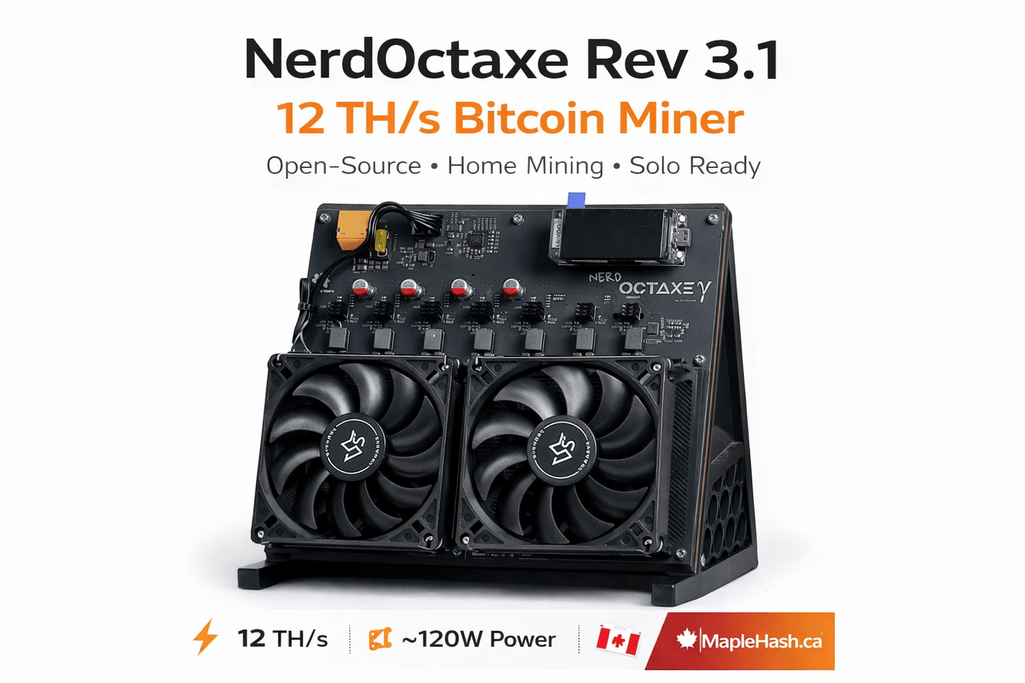 High-efficiency ASIC chip Bitcoin miner with dual 120mm fans for quiet home mining – NerdOctaxe Rev 3.1