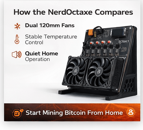 NerdOctaxe home Bitcoin miner with dual cooling fans designed for quiet home mining and stable temperature control