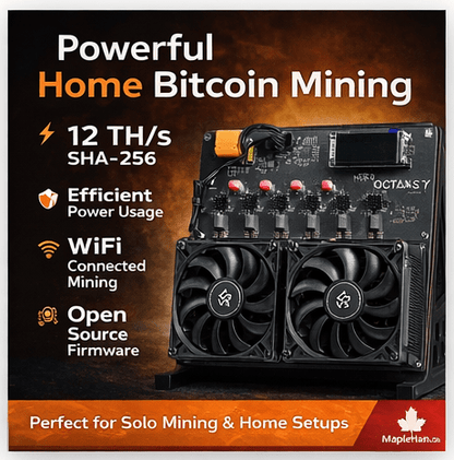 NerdOctaxe Rev 3.1 12 TH/s Bitcoin miner showing WiFi connected mining, efficient power usage and open source firmware